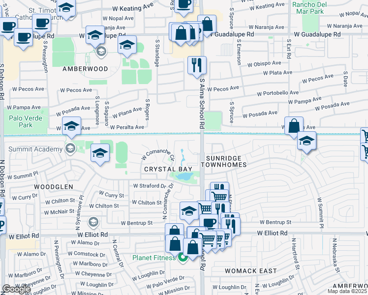 map of restaurants, bars, coffee shops, grocery stores, and more near 3400 North Alma School Road in Chandler