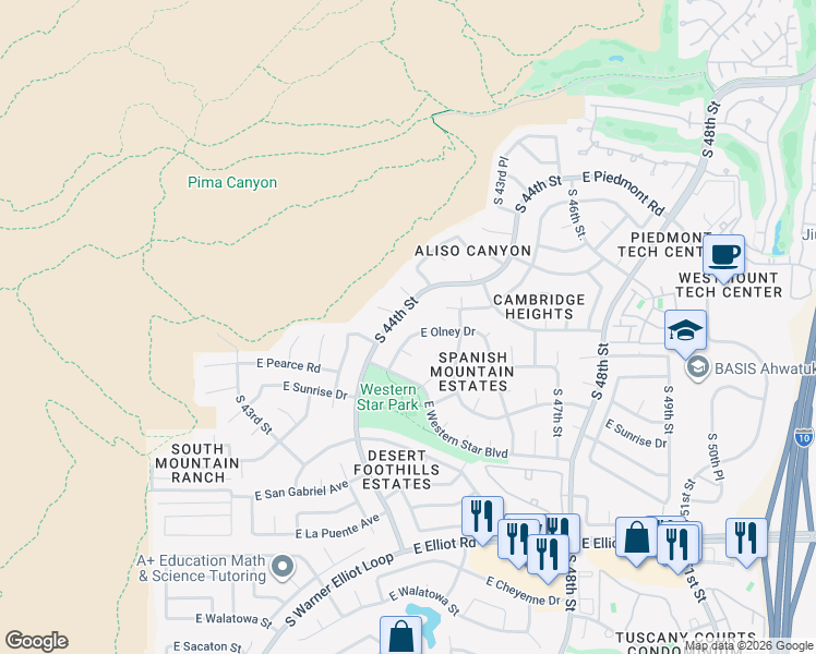 map of restaurants, bars, coffee shops, grocery stores, and more near 10012 South 44th Place in Phoenix