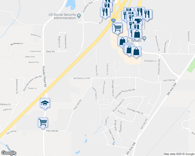 map of restaurants, bars, coffee shops, grocery stores, and more near 640 Parsons Road in Bessemer