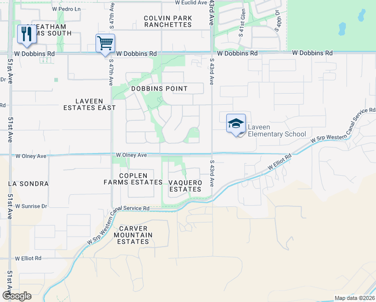 map of restaurants, bars, coffee shops, grocery stores, and more near 4313 West Olney Avenue in Phoenix