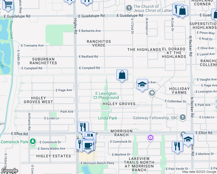 map of restaurants, bars, coffee shops, grocery stores, and more near 3423 East Page Avenue in Gilbert