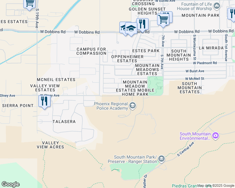 map of restaurants, bars, coffee shops, grocery stores, and more near 1119 West Mineral Road in Phoenix