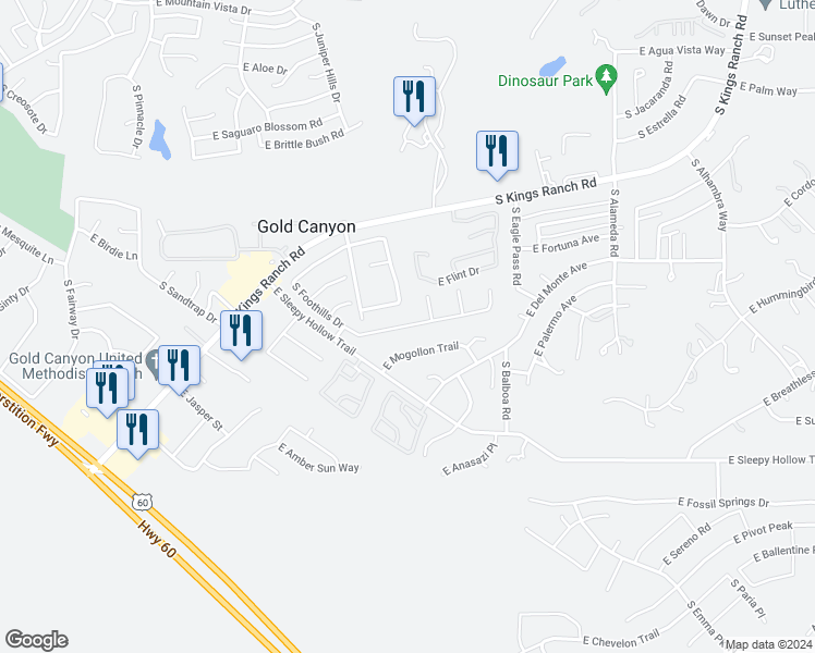 map of restaurants, bars, coffee shops, grocery stores, and more near 6578 South Foothills Drive in Gold Canyon