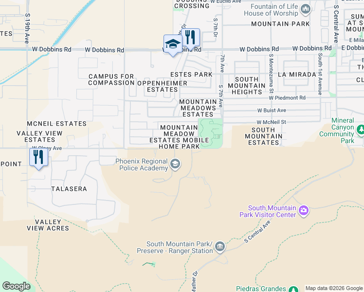 map of restaurants, bars, coffee shops, grocery stores, and more near 901 West Mineral Road in Phoenix