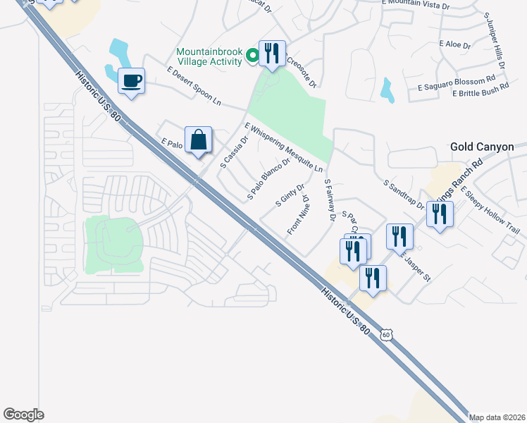 map of restaurants, bars, coffee shops, grocery stores, and more near 6505 South Ginty Drive in Gold Canyon