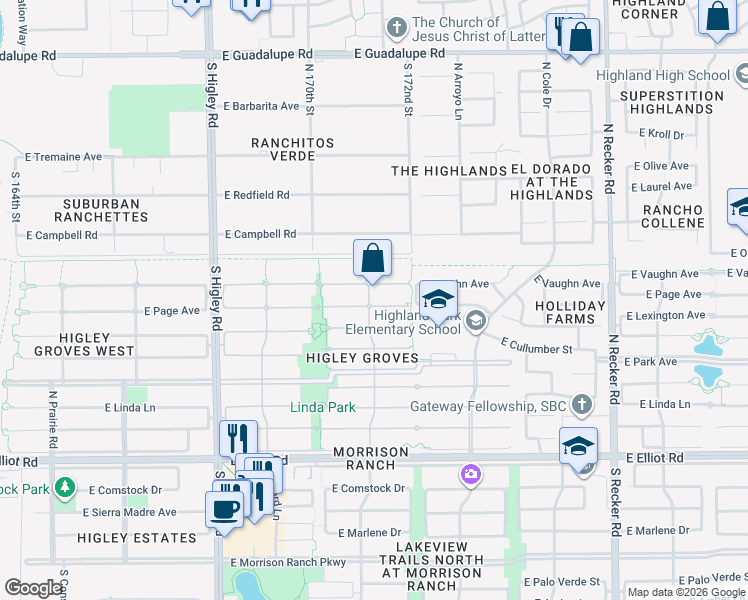 map of restaurants, bars, coffee shops, grocery stores, and more near 3545 East Page Court in Gilbert