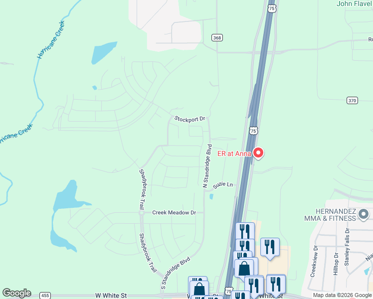 map of restaurants, bars, coffee shops, grocery stores, and more near 10401-10637 County Road 368 in Anna