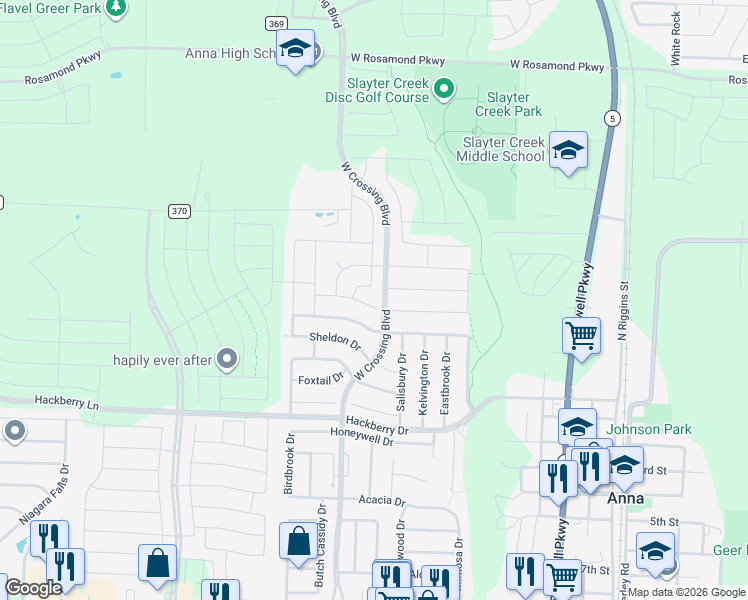 map of restaurants, bars, coffee shops, grocery stores, and more near 1016 Chatsworth Drive in Anna