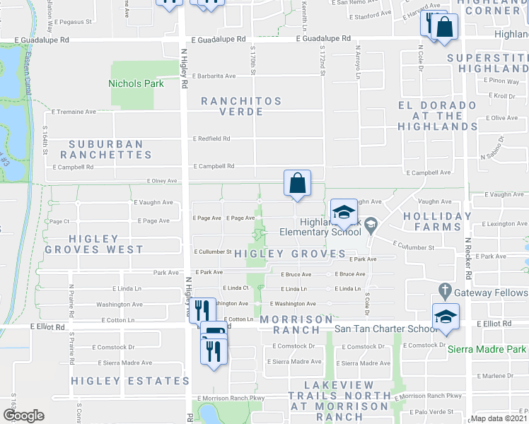 map of restaurants, bars, coffee shops, grocery stores, and more near 3423 East Page Avenue in Gilbert