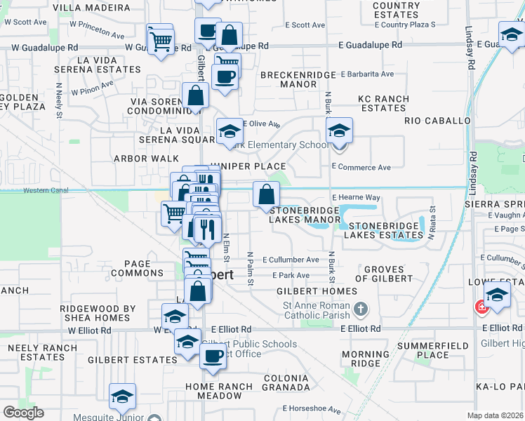 map of restaurants, bars, coffee shops, grocery stores, and more near 323 North Palm Street in Gilbert