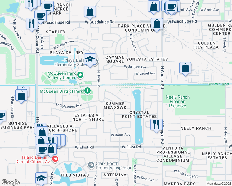 map of restaurants, bars, coffee shops, grocery stores, and more near 1092 West Vaughn Avenue in Gilbert