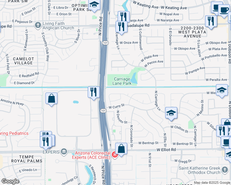 map of restaurants, bars, coffee shops, grocery stores, and more near 2806 West Rosewood Drive in Chandler