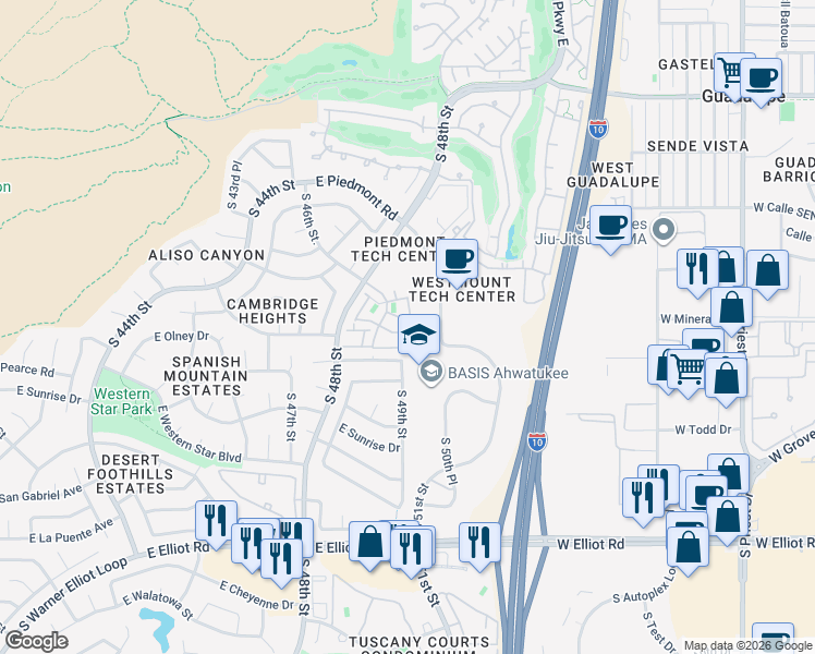 map of restaurants, bars, coffee shops, grocery stores, and more near 4848 East Mineral Road in Phoenix