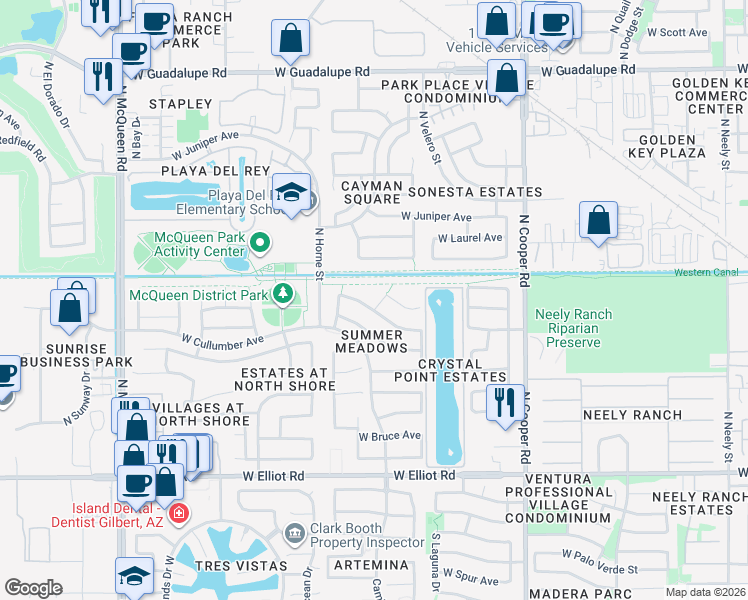 map of restaurants, bars, coffee shops, grocery stores, and more near 1092 West Vaughn Avenue in Gilbert