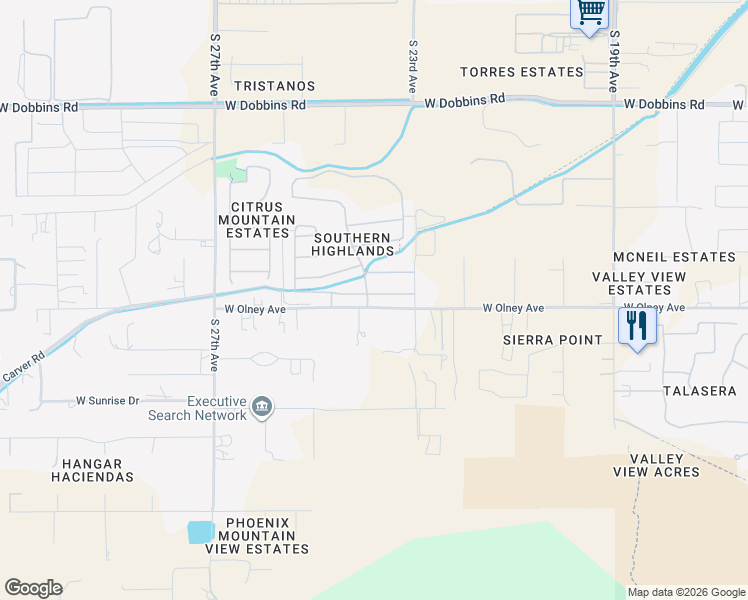 map of restaurants, bars, coffee shops, grocery stores, and more near 2411 West Olney Avenue in Phoenix