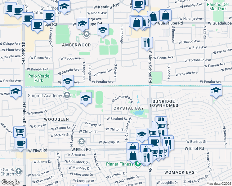 map of restaurants, bars, coffee shops, grocery stores, and more near 1302 West Cortez Court in Chandler