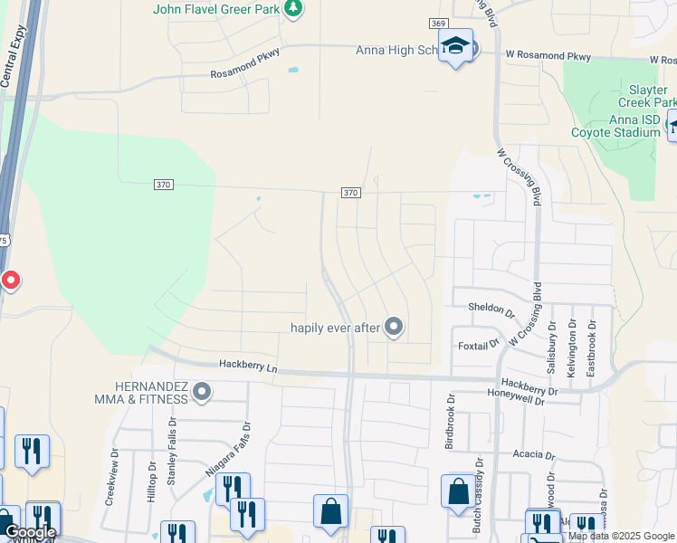 map of restaurants, bars, coffee shops, grocery stores, and more near 717 Santa Lucia Drive in Anna