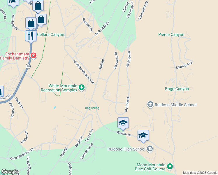 map of restaurants, bars, coffee shops, grocery stores, and more near 512 Snowcap Drive in Ruidoso