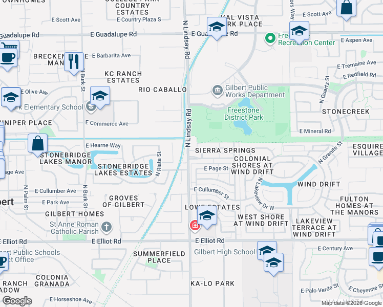 map of restaurants, bars, coffee shops, grocery stores, and more near 819 East Vaughn Avenue in Gilbert
