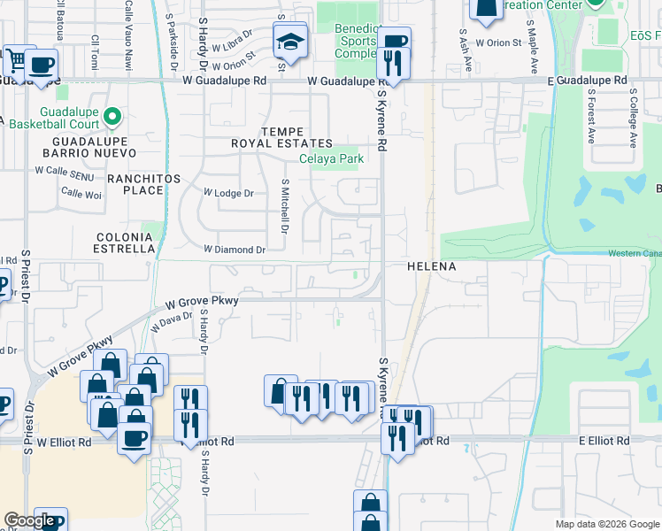 map of restaurants, bars, coffee shops, grocery stores, and more near 600 West Grove Parkway in Tempe