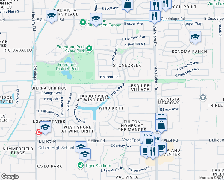 map of restaurants, bars, coffee shops, grocery stores, and more near 1302 East Vaughn Avenue in Gilbert