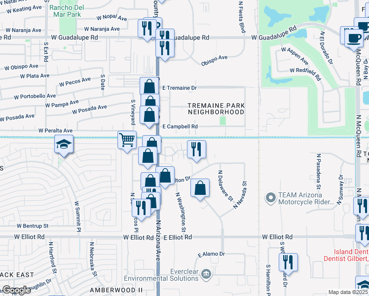 map of restaurants, bars, coffee shops, grocery stores, and more near 3491 North Arizona Avenue in Chandler