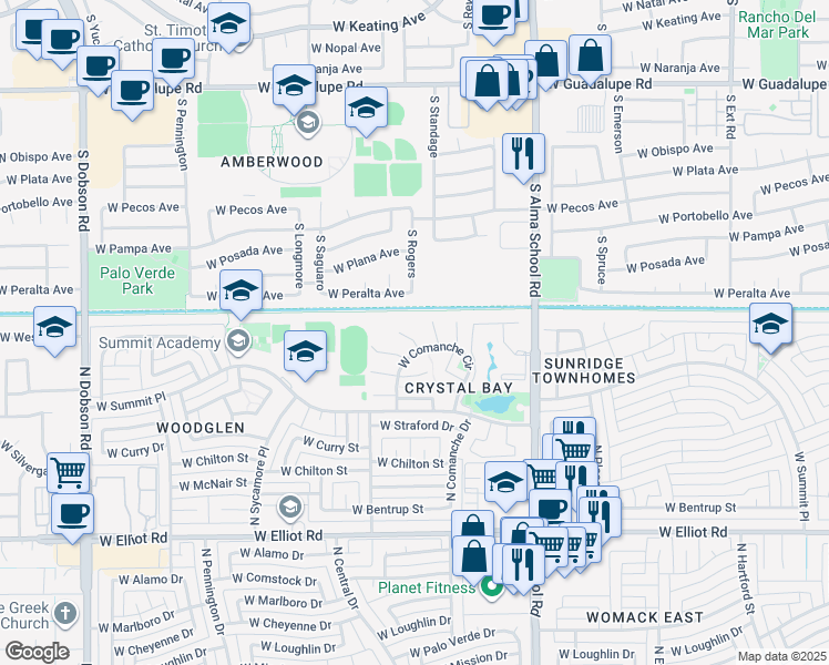 map of restaurants, bars, coffee shops, grocery stores, and more near 1302 West Cortez Court in Chandler
