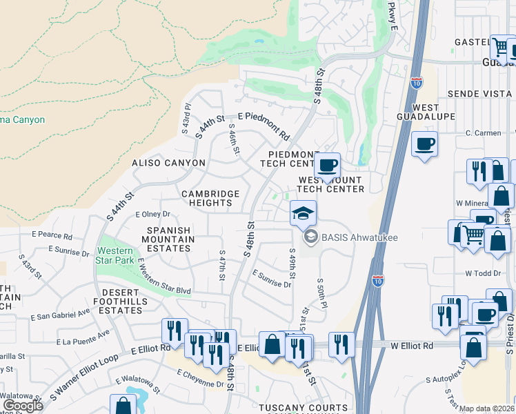 map of restaurants, bars, coffee shops, grocery stores, and more near 18 East Mineral Road in Phoenix