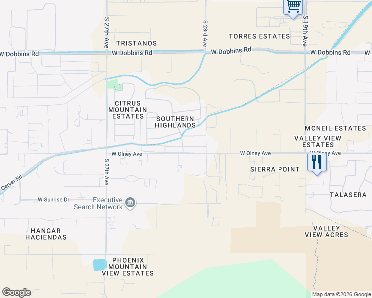 map of restaurants, bars, coffee shops, grocery stores, and more near 2411 West Olney Avenue in Phoenix