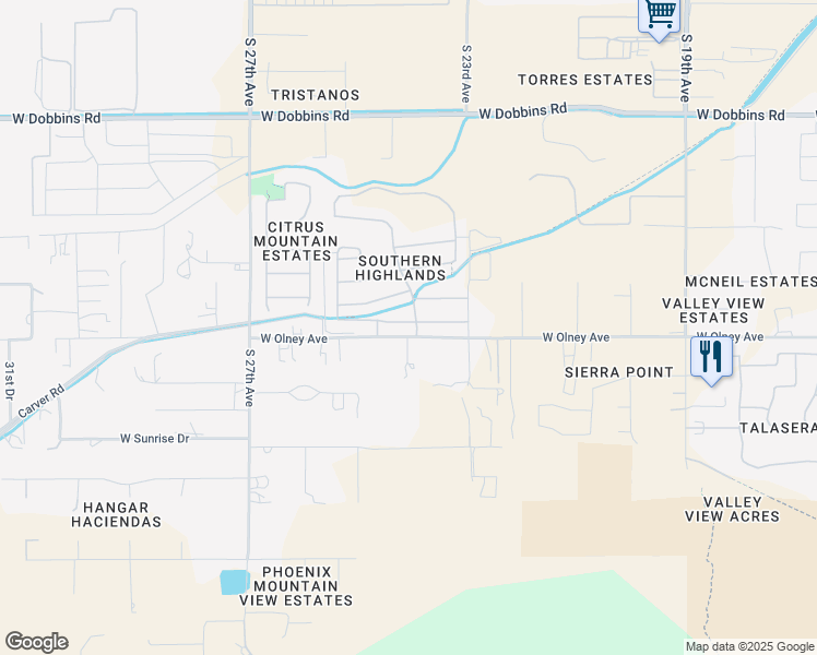 map of restaurants, bars, coffee shops, grocery stores, and more near 2411 West Olney Avenue in Phoenix