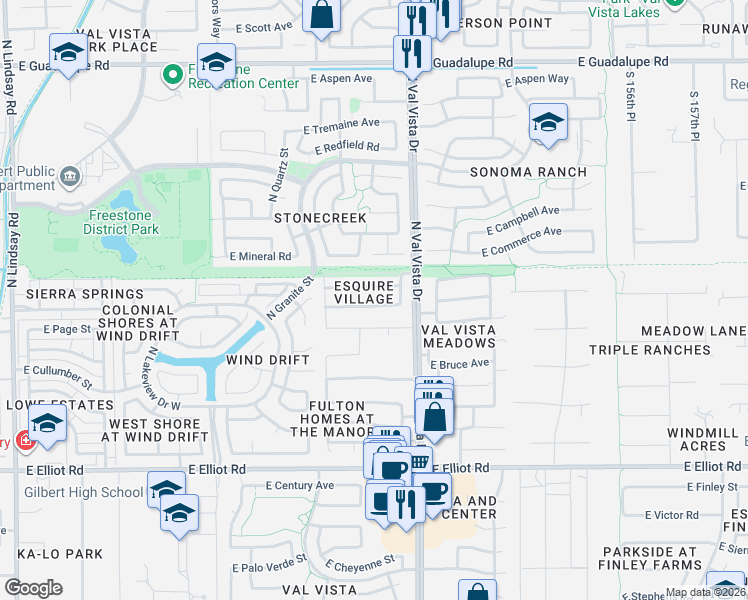 map of restaurants, bars, coffee shops, grocery stores, and more near 1516 East Lexington Avenue in Gilbert