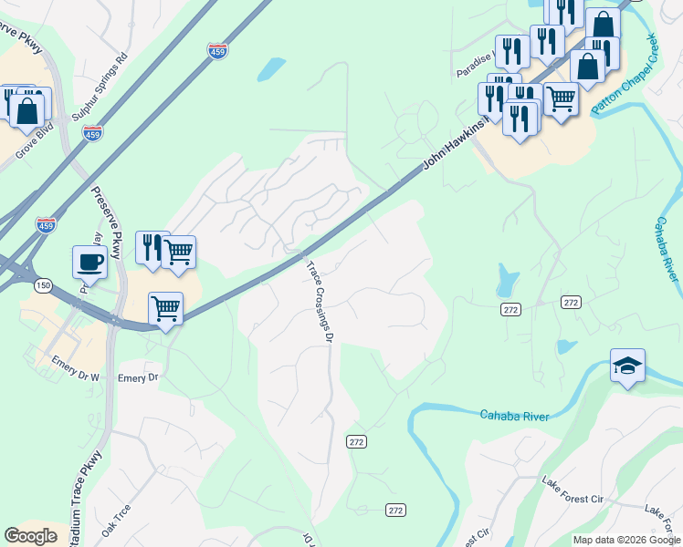 map of restaurants, bars, coffee shops, grocery stores, and more near 287 Trace Ridge Road in Birmingham