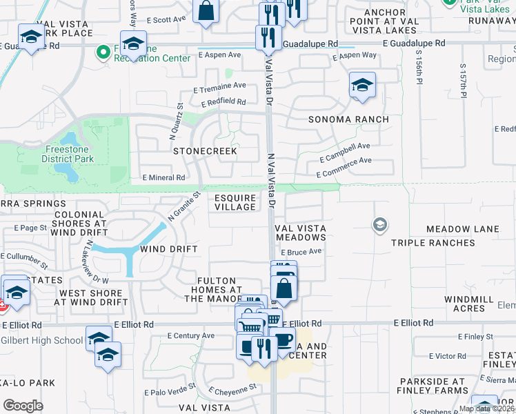 map of restaurants, bars, coffee shops, grocery stores, and more near 1590 East Lexington Avenue in Gilbert
