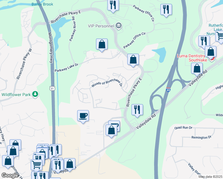 map of restaurants, bars, coffee shops, grocery stores, and more near 1012 Royal Oaks Drive in Hoover