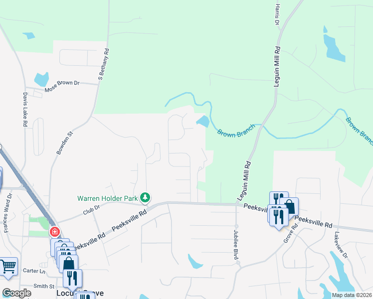 map of restaurants, bars, coffee shops, grocery stores, and more near 138 Laughlin Drive in Locust Grove