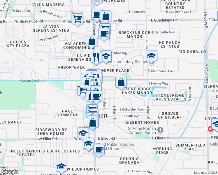 map of restaurants, bars, coffee shops, grocery stores, and more near 36 East Vaughn Avenue in Gilbert