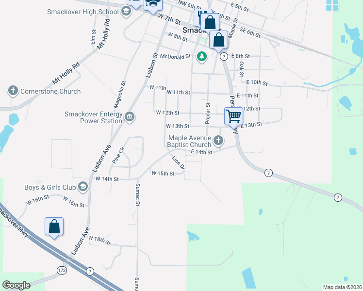 map of restaurants, bars, coffee shops, grocery stores, and more near 107 West 13th Street in Smackover