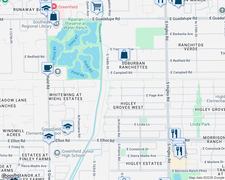 map of restaurants, bars, coffee shops, grocery stores, and more near 2862 East Vaughn Court in Gilbert