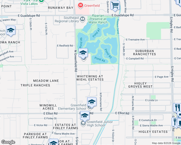 map of restaurants, bars, coffee shops, grocery stores, and more near 2470 East Vaughn Avenue in Gilbert