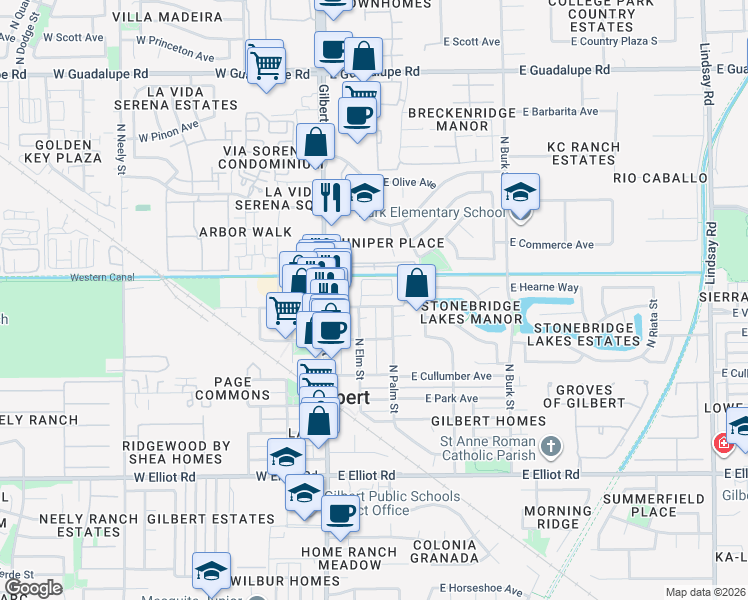 map of restaurants, bars, coffee shops, grocery stores, and more near 36 East Vaughn Avenue in Gilbert