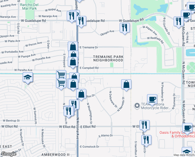 map of restaurants, bars, coffee shops, grocery stores, and more near 225 East Campbell Road in Chandler