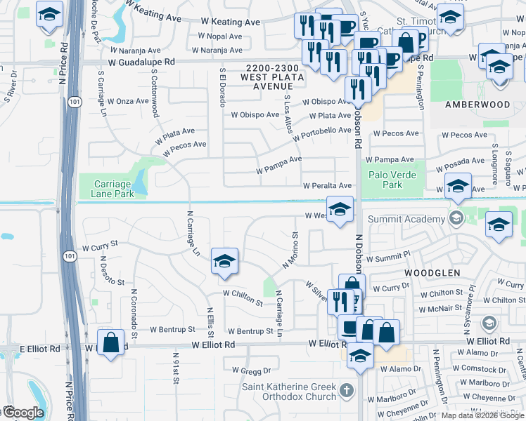 map of restaurants, bars, coffee shops, grocery stores, and more near 2263 West Peralta Avenue in Mesa