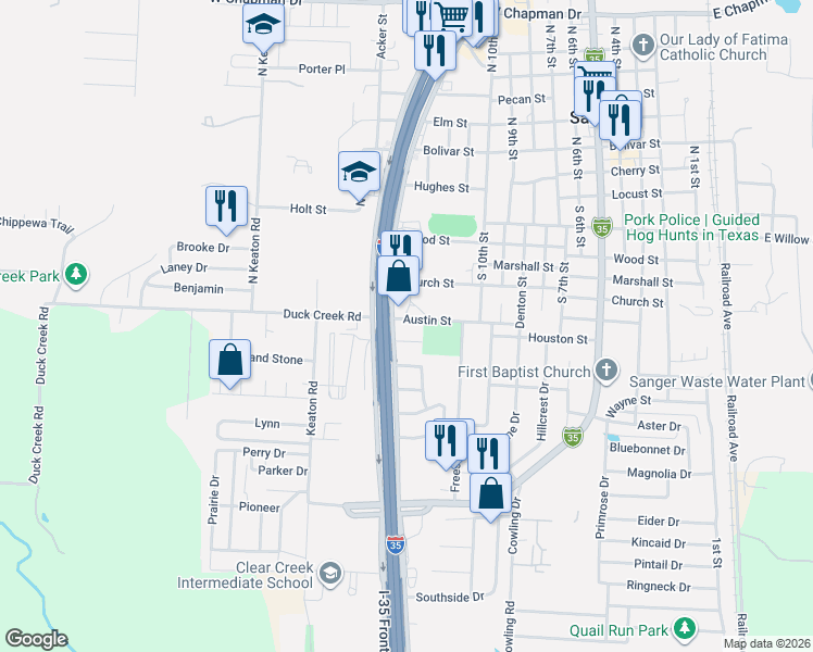 map of restaurants, bars, coffee shops, grocery stores, and more near in Sanger