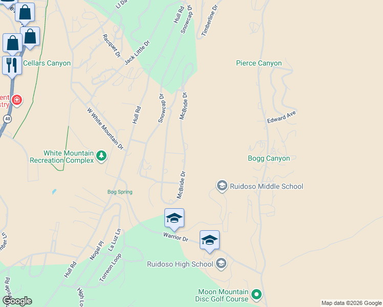 map of restaurants, bars, coffee shops, grocery stores, and more near 318 McBride Drive in Ruidoso