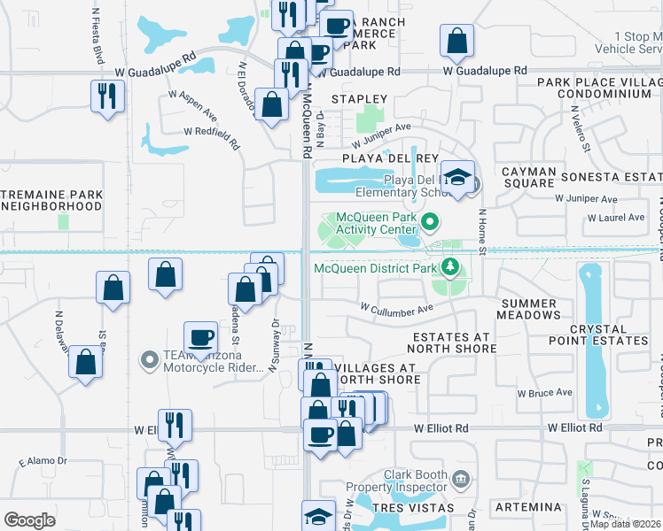 map of restaurants, bars, coffee shops, grocery stores, and more near 1546 West Vaughn Avenue in Gilbert