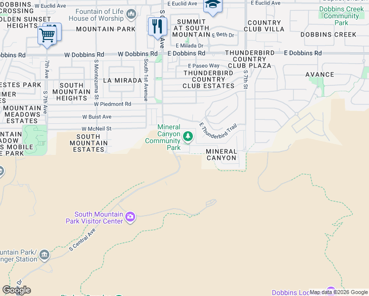 map of restaurants, bars, coffee shops, grocery stores, and more near 9822 South 2nd Place in Phoenix