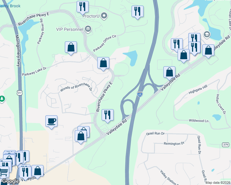 map of restaurants, bars, coffee shops, grocery stores, and more near 391-463 Riverchase Parkway East in Hoover