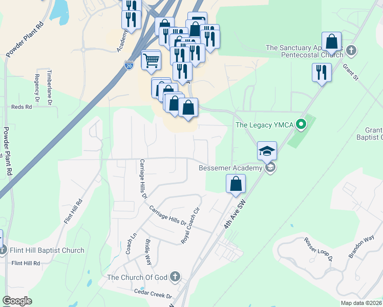 map of restaurants, bars, coffee shops, grocery stores, and more near 30 Laverne Avenue in Bessemer