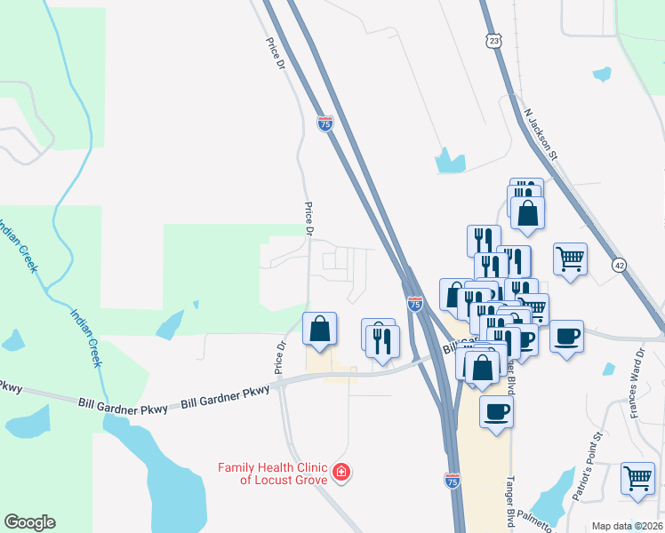 map of restaurants, bars, coffee shops, grocery stores, and more near 792 Price Drive in Locust Grove