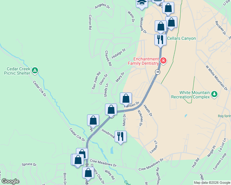 map of restaurants, bars, coffee shops, grocery stores, and more near 109 San Miguel Drive in Ruidoso